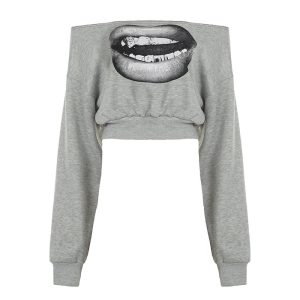 Lips Print Gray Cut Top Short Sweatshirt