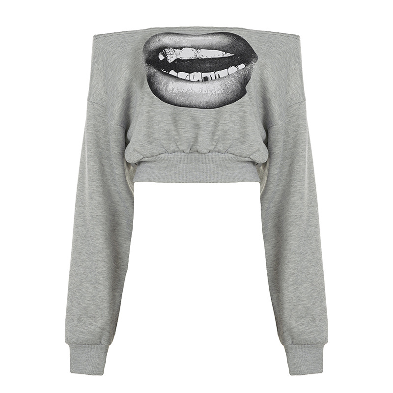 Lips Print Gray Cut Top Short Sweatshirt