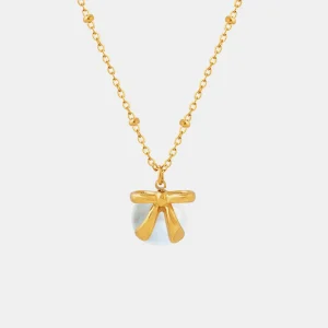 Gold-Plated Titanium Steel Bow & Bead Pendant Necklace