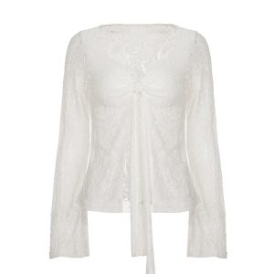 Solid Color Lace Up Blouse