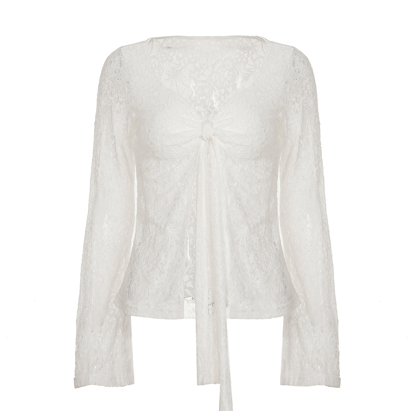 Solid Color Lace Up Blouse