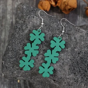 Lucky Clover Leaf Wooden Dangle Earrings